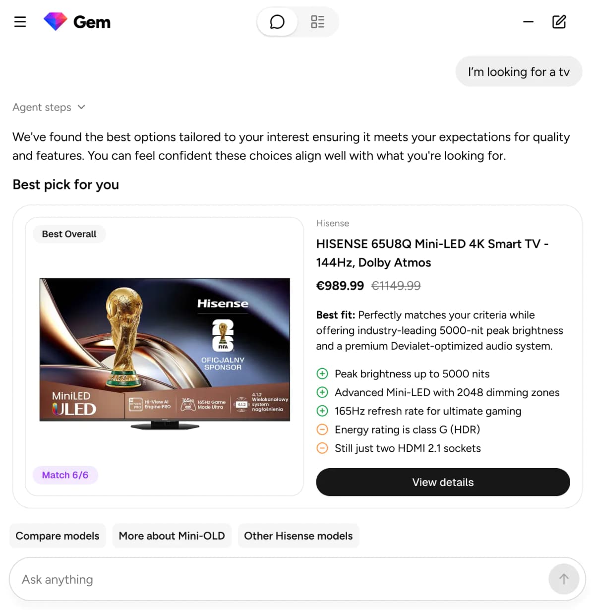 Gem AI Shopping Expert interface